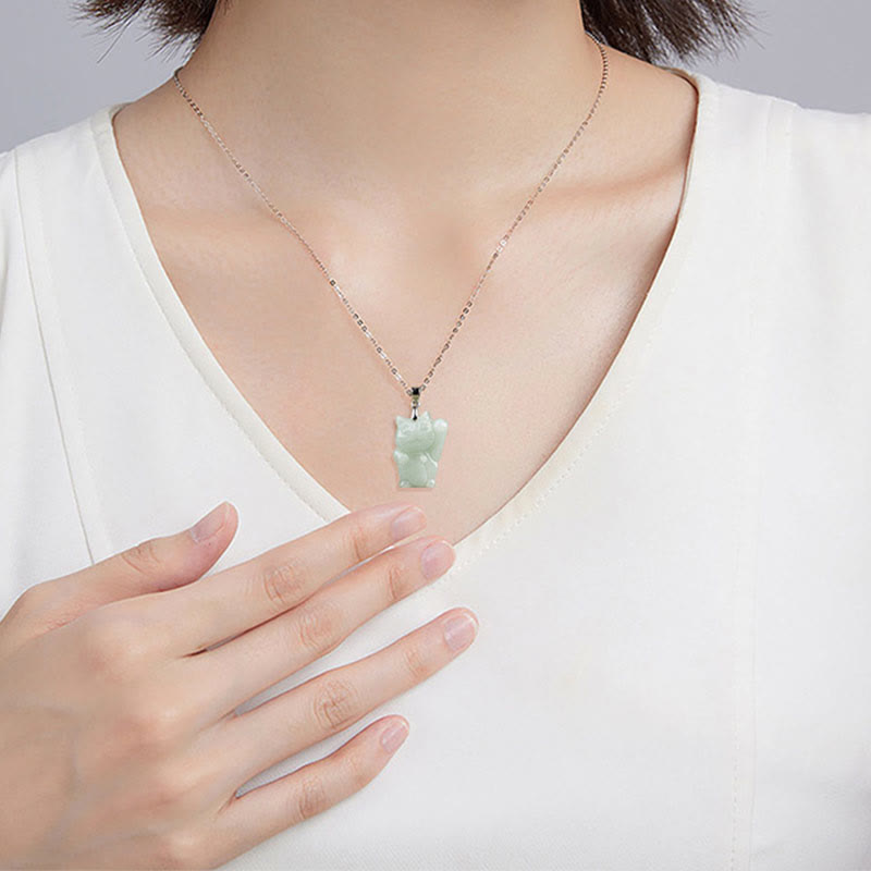Buddha Stones Jade Fortune Cat Prosperity Titanium Steel Necklace Pendant - image 7