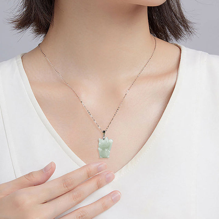 Buddha Stones Jade Fortune Cat Prosperity Titanium Steel Necklace Pendant - image 6