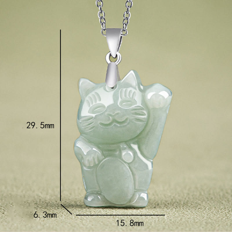 Buddha Stones 925 Sterling Silver Jade Fortune Cat Prosperity Necklace Pendant - image 5