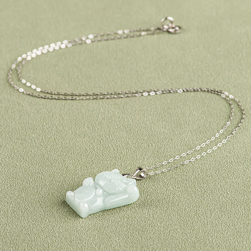 Buddha Stones 925 Sterling Silver Jade Fortune Cat Prosperity Necklace Pendant - image 4