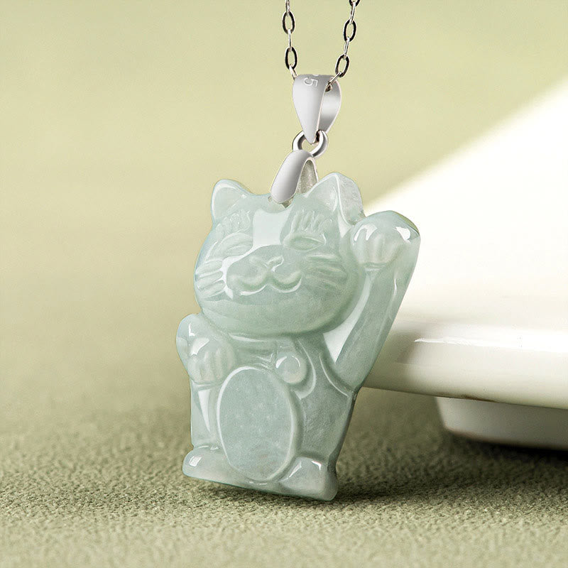 Buddha Stones Jade Fortune Cat Prosperity Titanium Steel Necklace Pendant - image 1