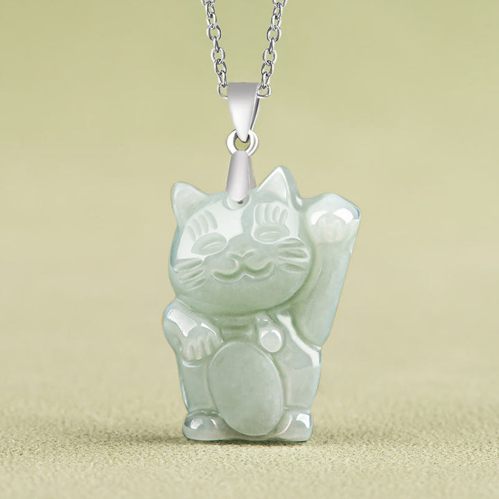 Buddha Stones 925 Sterling Silver Jade Fortune Cat Prosperity Necklace Pendant - Jade - image 1