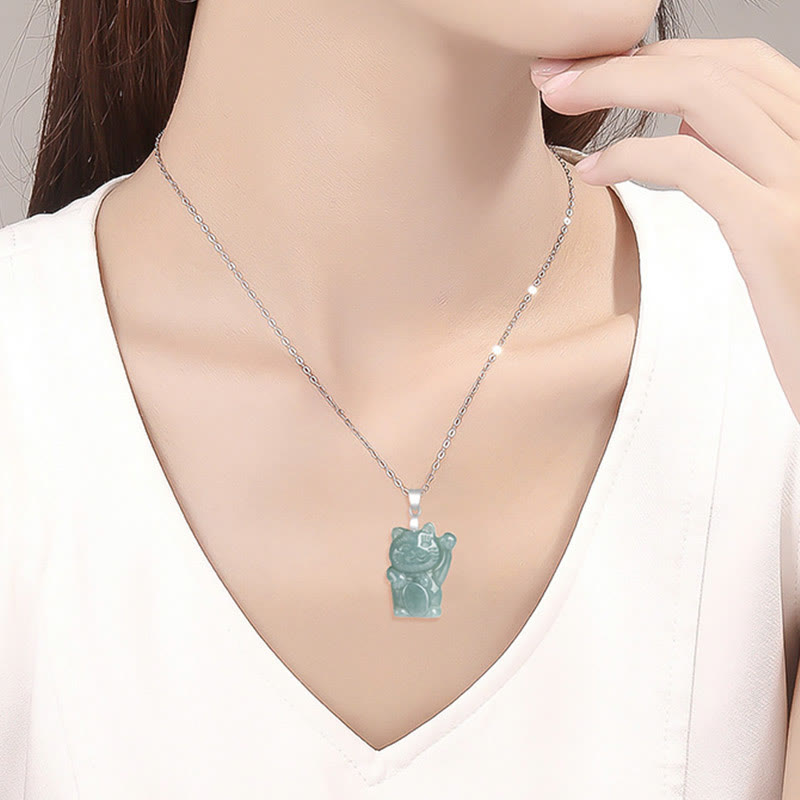 Buddha Stones Natural Jade Lucky Cat Abundance Titanium Steel Necklace Pendant - image 7