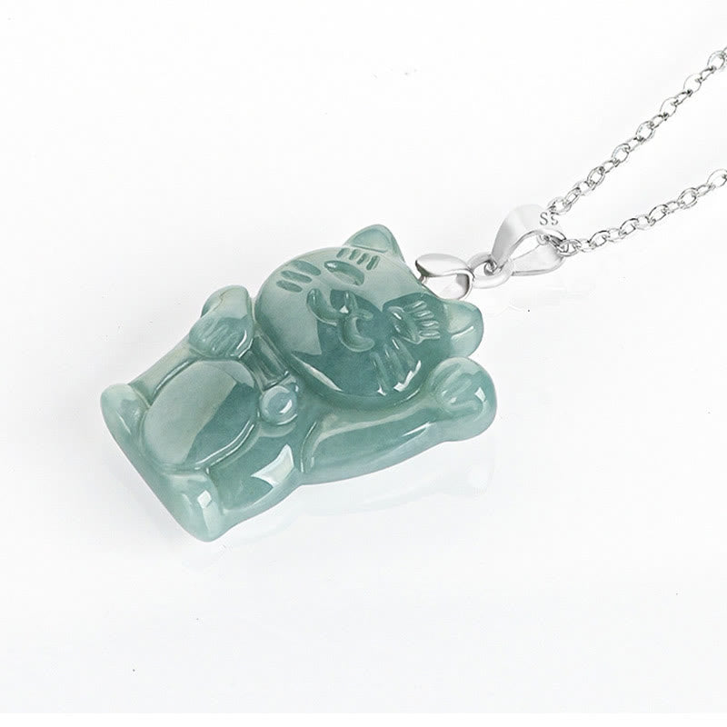 Buddha Stones 925 Sterling Silver Natural Jade Lucky Cat Abundance Necklace Pendant - image 4