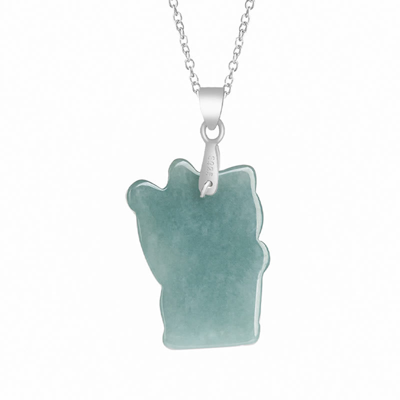 Buddha Stones 925 Sterling Silver Natural Jade Lucky Cat Abundance Necklace Pendant - image 2