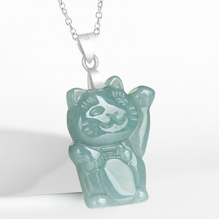Buddha Stones 925 Sterling Silver Natural Jade Lucky Cat Abundance Necklace Pendant - image 3