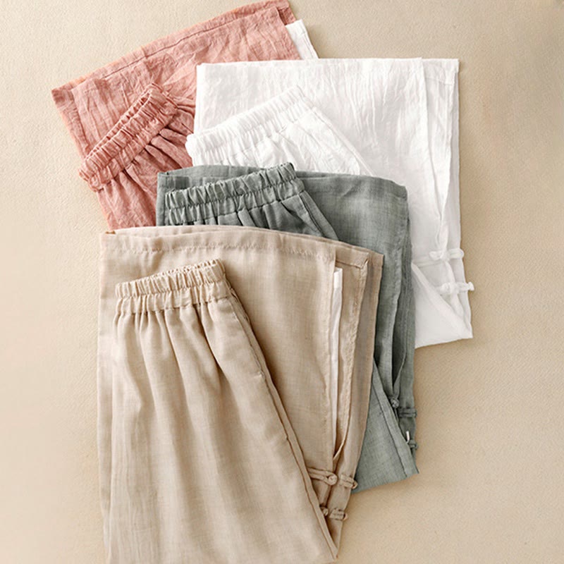 Buddha Stones Casual Plain Color Chinese Frog Button Cotton Linen Women's Wide Leg Pants - image 20