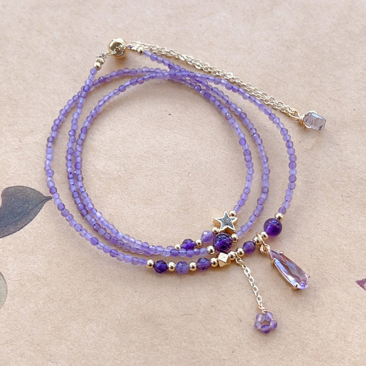 Buddha Stones Natural Amethyst Water Drop Star Meditation Triple Wrap Bracelet