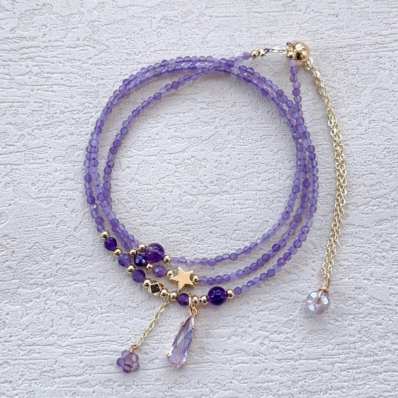 Buddha Stones Natural Amethyst Water Drop Star Meditation Triple Wrap Bracelet