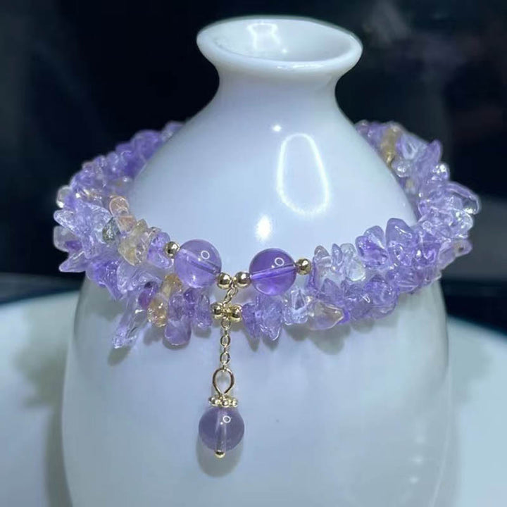 Buddha Stones Irregular Natural Amethyst Citrine Gravel Meditation Double Layer Bracelet