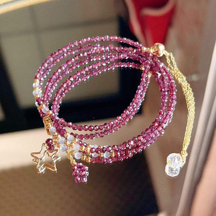 Buddha Stones Small Natural Garnet 14k Gold Plated Copper Passion Triple Wrap Bracelet
