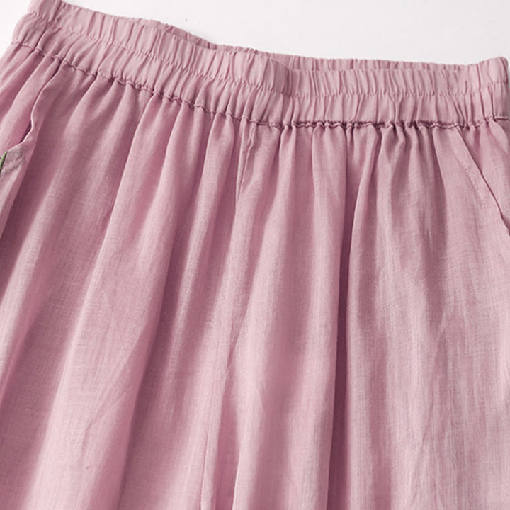 Buddha Stones Summer Embroidery Double Layer Cotton Linen Women's Wide Leg Pants With Pockets - image 9