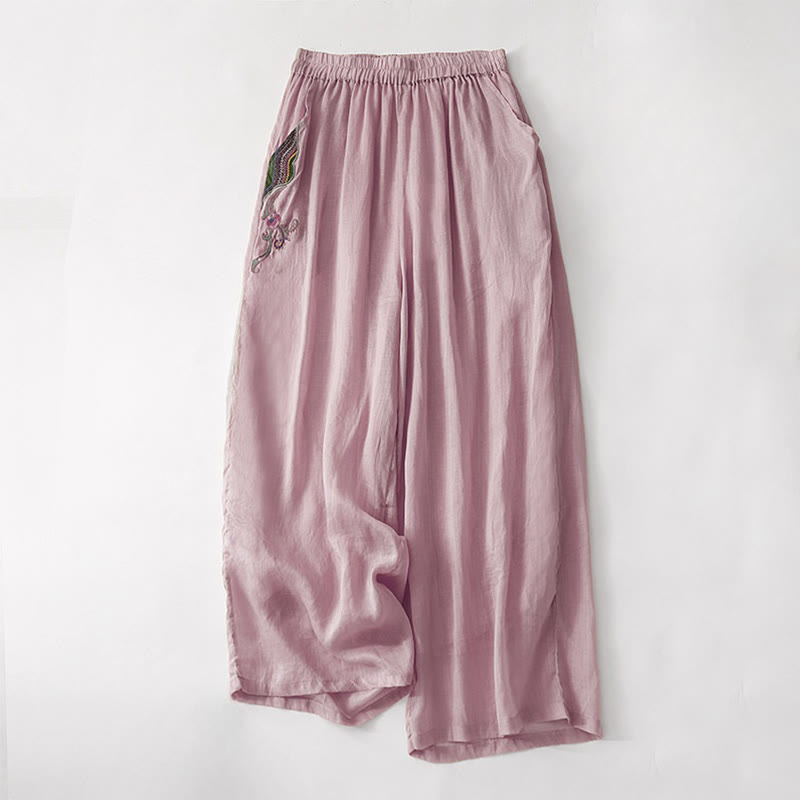 Buddha Stones Summer Embroidery Double Layer Cotton Linen Women's Wide Leg Pants With Pockets - LightPink - US8-10，UK/AU12-14，EU40-42 (2XL) - image 8