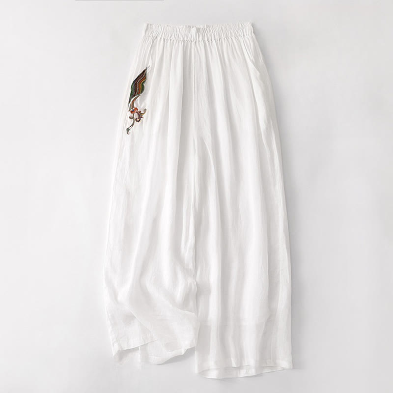 Buddha Stones Summer Embroidery Double Layer Cotton Linen Women's Wide Leg Pants With Pockets - White - US8-10，UK/AU12-14，EU40-42 (2XL) - image 24