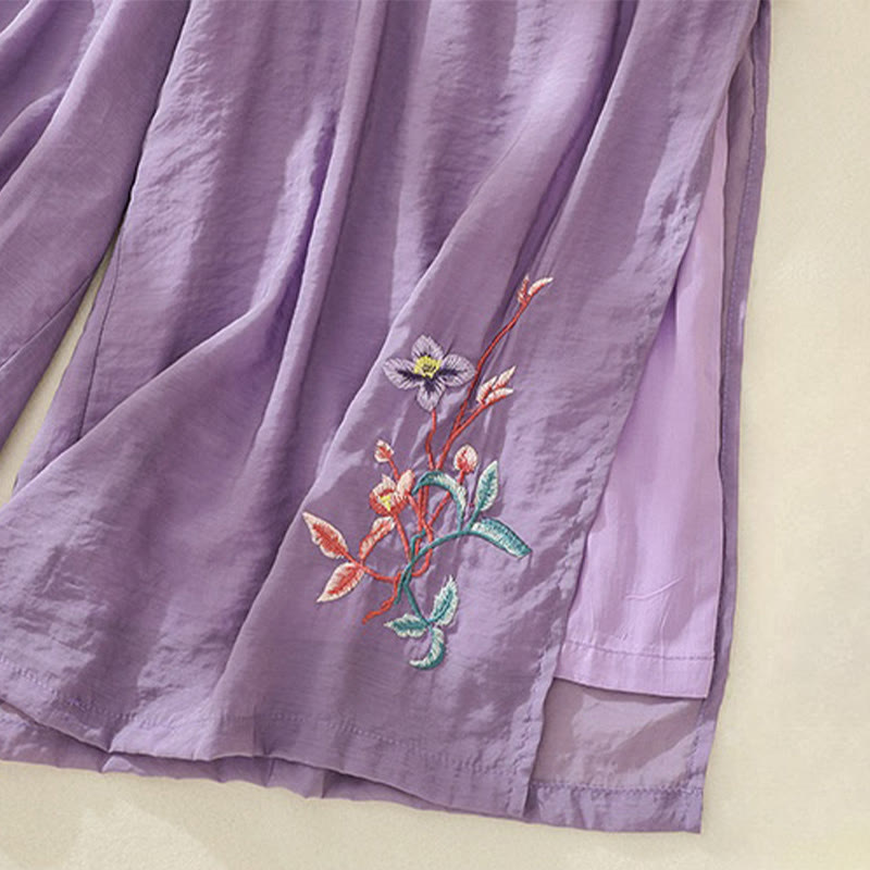 Buddha Stones Artistic Embroidery Flower Double Layer Chinese Frog Button Split Women's Wide Leg Pants - image 12