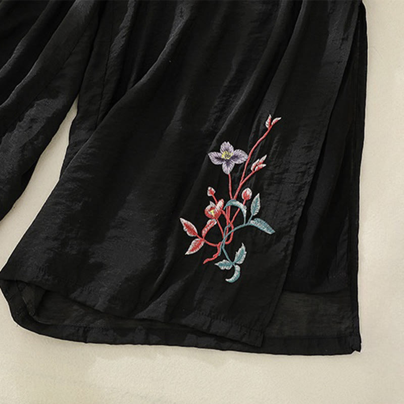 Buddha Stones Artistic Embroidery Flower Double Layer Chinese Frog Button Split Cotton Linen Women's Wide Leg Pants - image 16