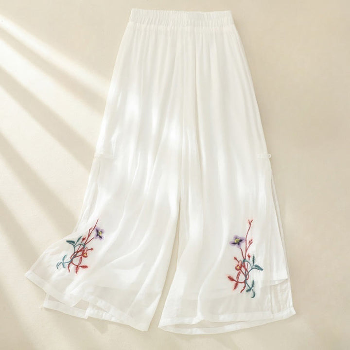 Buddha Stones Artistic Embroidery Flower Double Layer Chinese Frog Button Split Cotton Linen Women's Wide Leg Pants - White - US8-10，UK/AU12-14，EU40-42 (2XL) - image 3