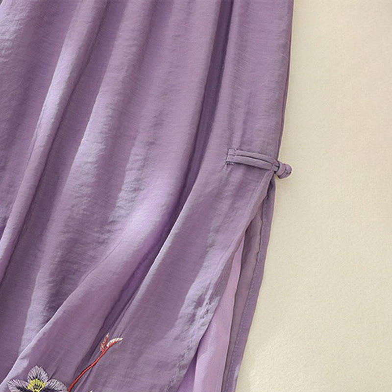 Buddha Stones Artistic Embroidery Flower Double Layer Chinese Frog Button Split Cotton Linen Women's Wide Leg Pants - image 13