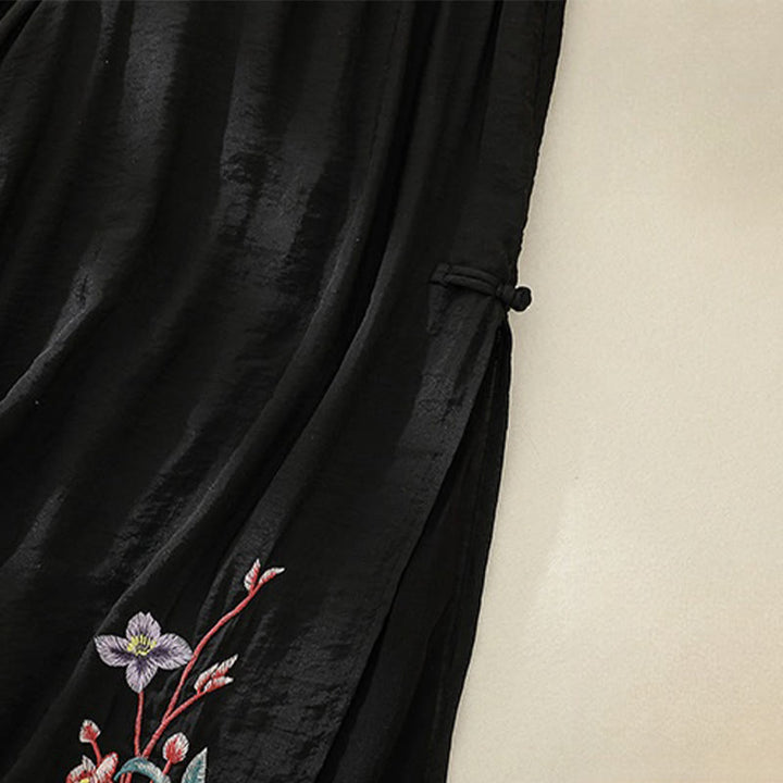 Buddha Stones Artistic Embroidery Flower Double Layer Chinese Frog Button Split Cotton Linen Women's Wide Leg Pants - image 17