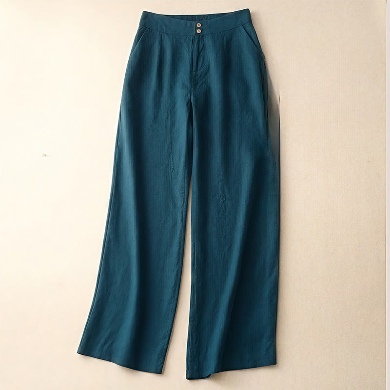 Buddha Stones Summer Casual Simple Design Linen Women's Wide Leg Pants With Zipper Pockets - Teal - US8-10，UK/AU12-14，EU40-42 (2XL) - image 0