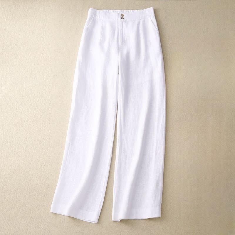 Buddha Stones Summer Casual Simple Design Linen Women's Wide Leg Pants With Zipper Pockets - White - US8-10，UK/AU12-14，EU40-42 (2XL) - image 5