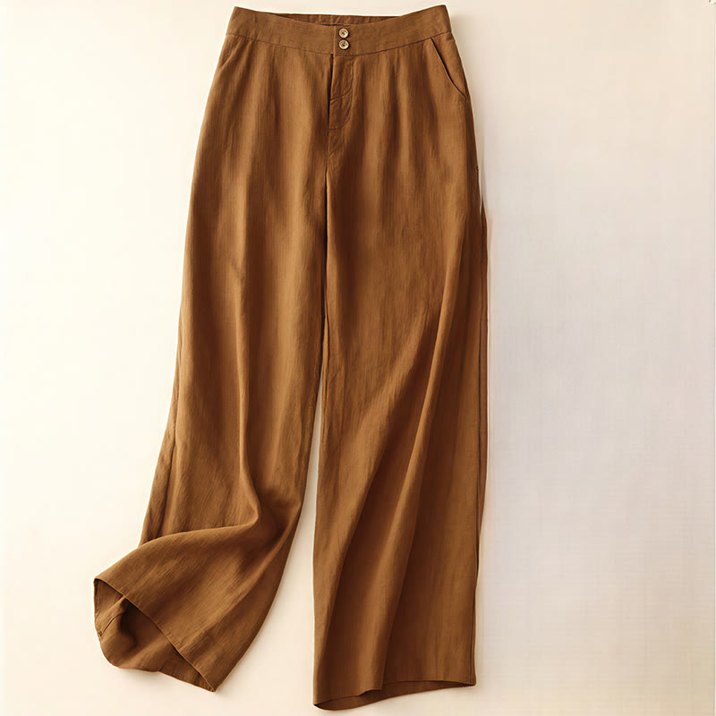 Buddha Stones Summer Casual Simple Design Linen Women's Wide Leg Pants With Zipper Pockets - Chocolate - US8-10，UK/AU12-14，EU40-42 (2XL) - image 31