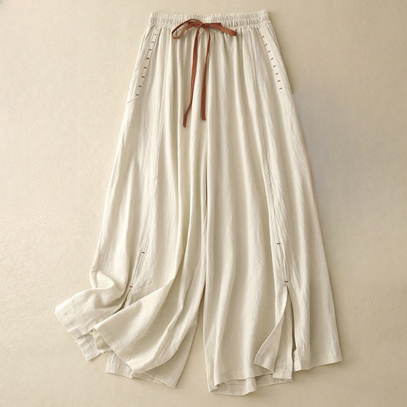 Buddha Stones Casual Simple Design Drawstring Split Women's Wide Leg Pants With Pockets - Beige - US8-10，UK/AU12-14，EU40-42 (2XL) - image 5