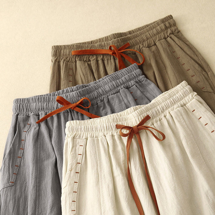 Buddha Stones Casual Simple Design Drawstring Split Cotton Linen Women's Wide Leg Pants With Pockets - image 22