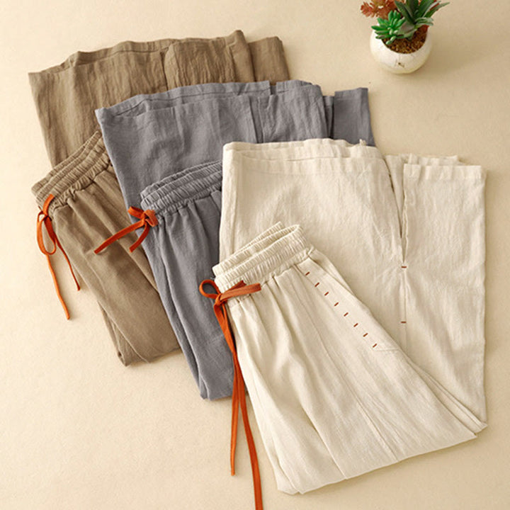 Buddha Stones Casual Simple Design Drawstring Split Cotton Linen Women's Wide Leg Pants With Pockets - image 21