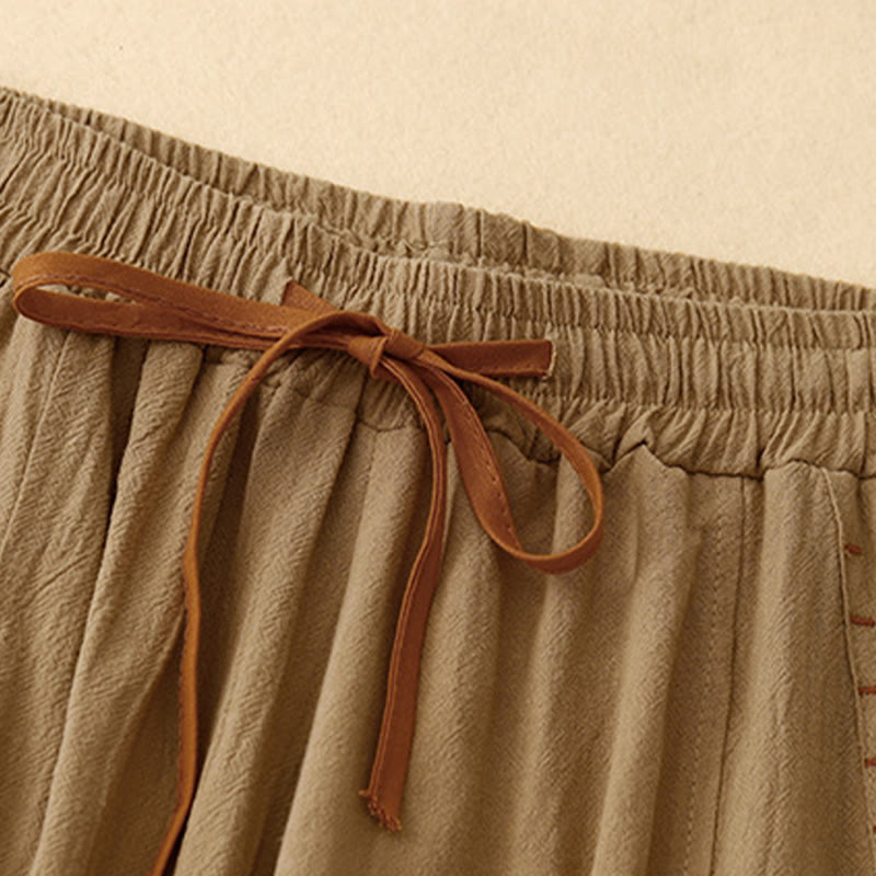 Buddha Stones Casual Simple Design Drawstring Split Cotton Linen Women's Wide Leg Pants With Pockets - image 1