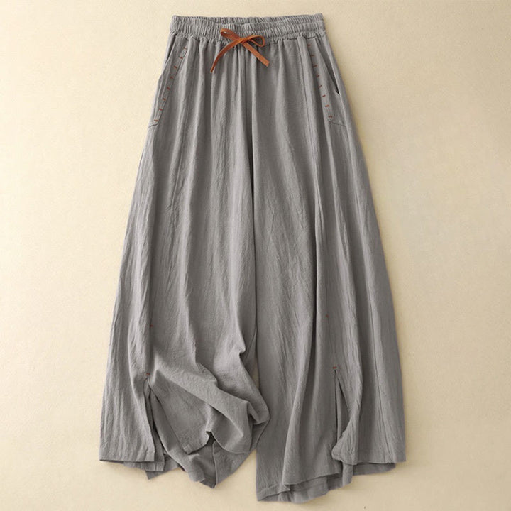 Buddha Stones Casual Simple Design Drawstring Split Cotton Linen Women's Wide Leg Pants With Pockets - LightSlateGray - US8-10，UK/AU12-14，EU40-42 (2XL) - image 15