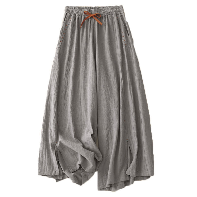 Buddha Stones Casual Simple Design Drawstring Split Cotton Linen Women's Wide Leg Pants With Pockets - image 20
