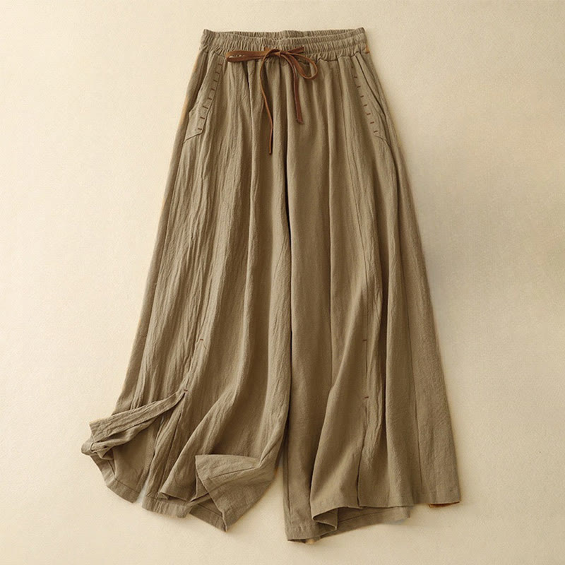 Buddha Stones Casual Simple Design Drawstring Split Cotton Linen Women's Wide Leg Pants With Pockets - DarkGoldenrod - US8-10，UK/AU12-14，EU40-42 (2XL) - image 0