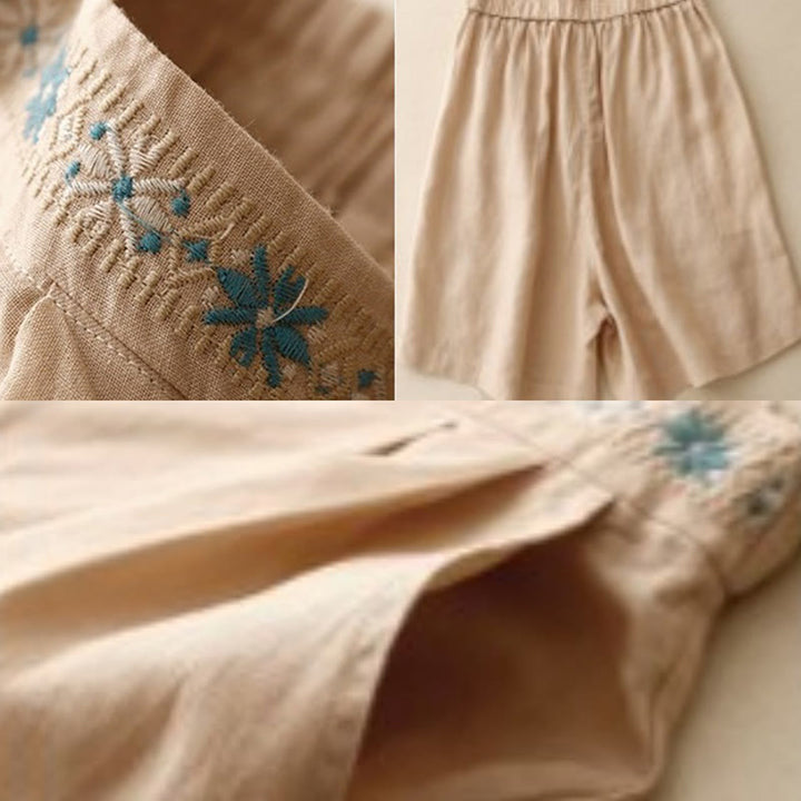 Buddha Stones Summer Casual Embroidery Flower Pleated Zipper Button Polyester Women's Shorts With Pockets - image 25