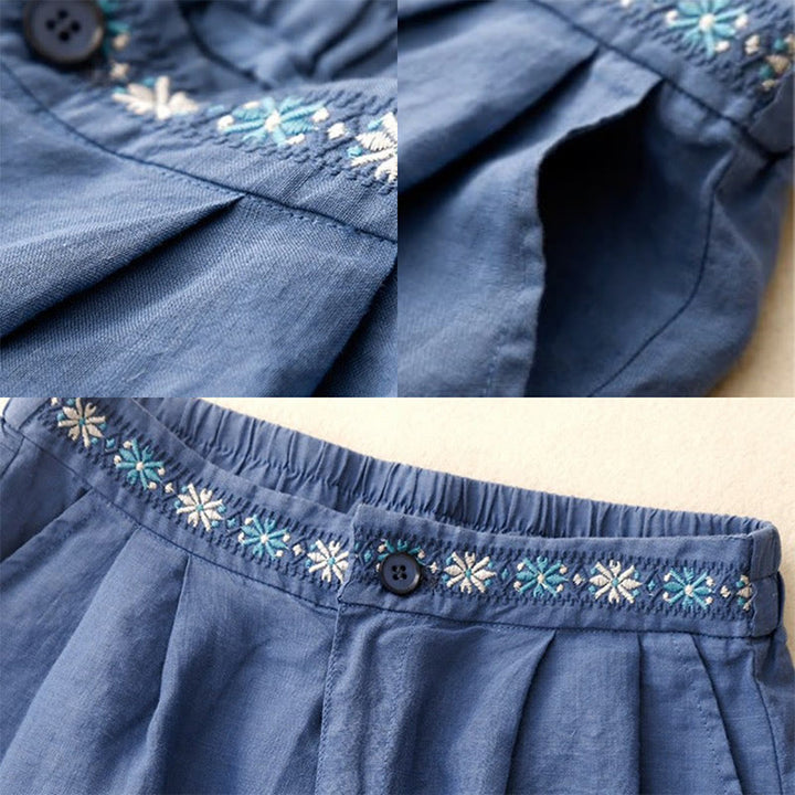 Buddha Stones Summer Casual Embroidery Flower Pleated Zipper Button Cotton Linen Women's Shorts With Pockets - image 3