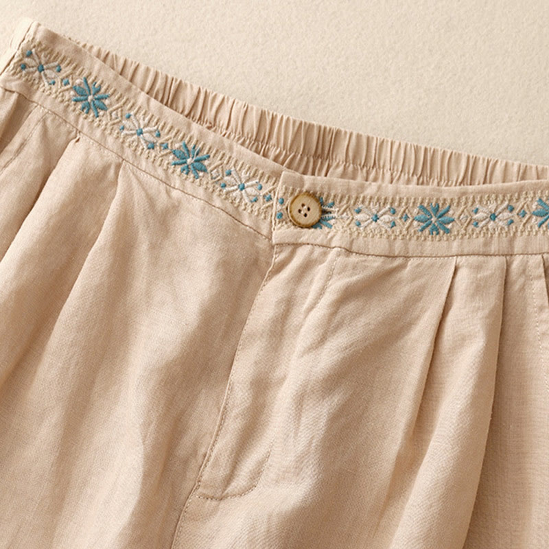 Buddha Stones Summer Casual Embroidery Flower Pleated Zipper Button Cotton Linen Women's Shorts With Pockets - image 23