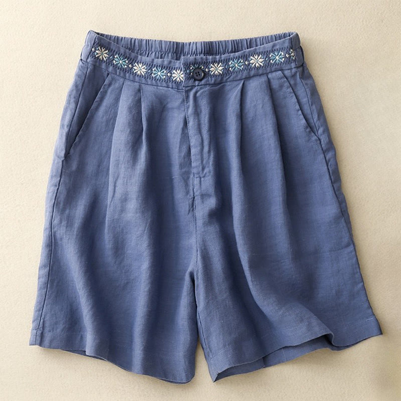 Buddha Stones Summer Casual Embroidery Flower Pleated Zipper Button Polyester Women's Shorts With Pockets - RoyalBlue - US8-10，UK/AU12-14，EU40-42 (2XL) - image 0