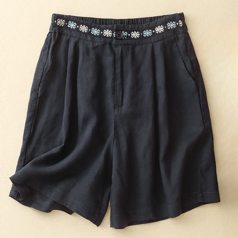 Buddha Stones Summer Casual Embroidery Flower Pleated Zipper Button Polyester Women's Shorts With Pockets - Black - US8-10，UK/AU12-14，EU40-42 (2XL) - image 17