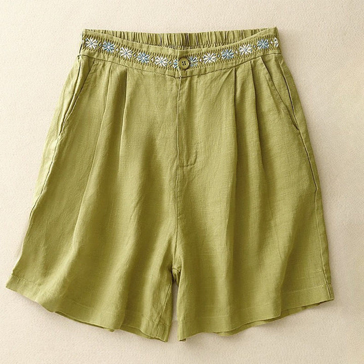 Buddha Stones Summer Casual Embroidery Flower Pleated Zipper Button Polyester Women's Shorts With Pockets - YellowGreen - US8-10，UK/AU12-14，EU40-42 (2XL) - image 4