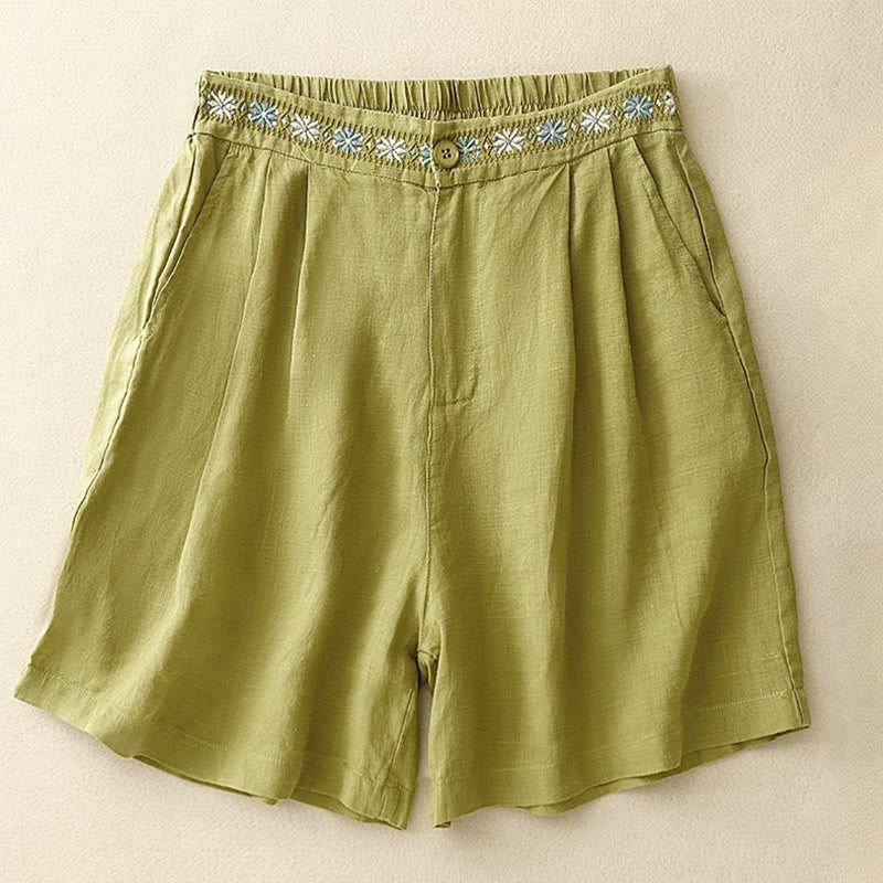 Buddha Stones Summer Casual Embroidery Flower Pleated Zipper Button Cotton Linen Women's Shorts With Pockets - YellowGreen - US8-10，UK/AU12-14，EU40-42 (2XL) - image 4