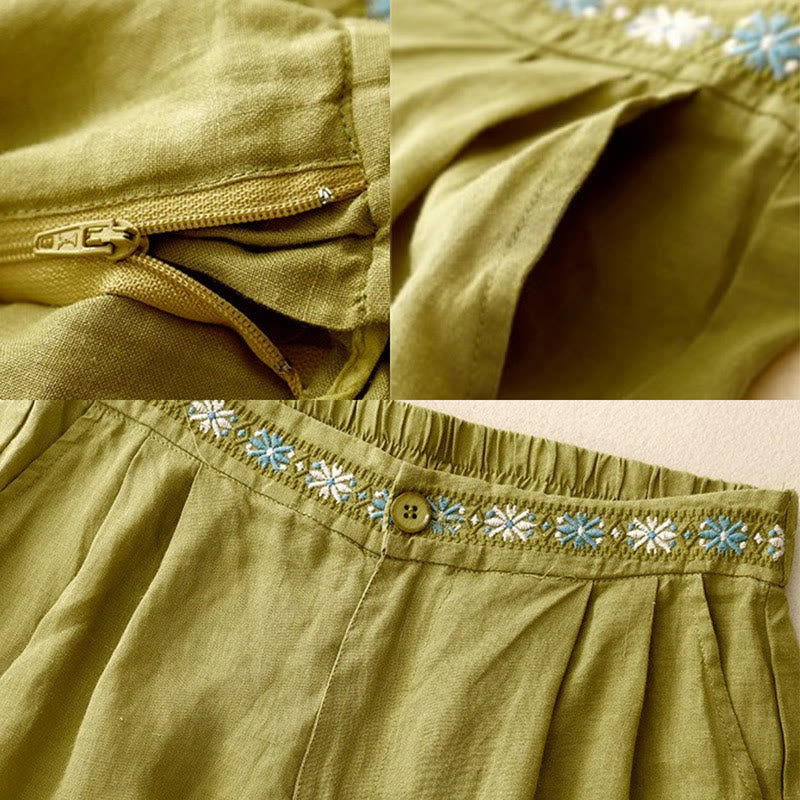 Buddha Stones Summer Casual Embroidery Flower Pleated Zipper Button Cotton Linen Women's Shorts With Pockets - image 7