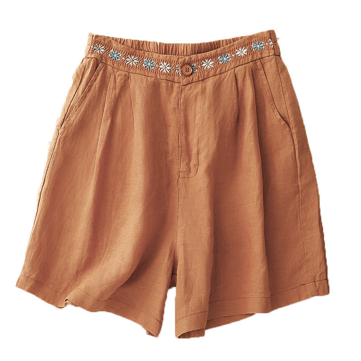 Buddha Stones Summer Casual Embroidery Flower Pleated Zipper Button Cotton Linen Women's Shorts With Pockets - image 16