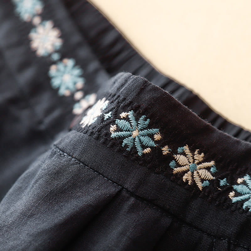 Buddha Stones Summer Casual Embroidery Flower Pleated Zipper Button Cotton Linen Women's Shorts With Pockets - image 18