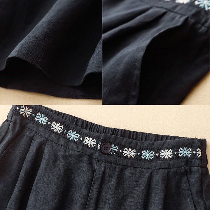 Buddha Stones Summer Casual Embroidery Flower Pleated Zipper Button Cotton Linen Women's Shorts With Pockets - image 20