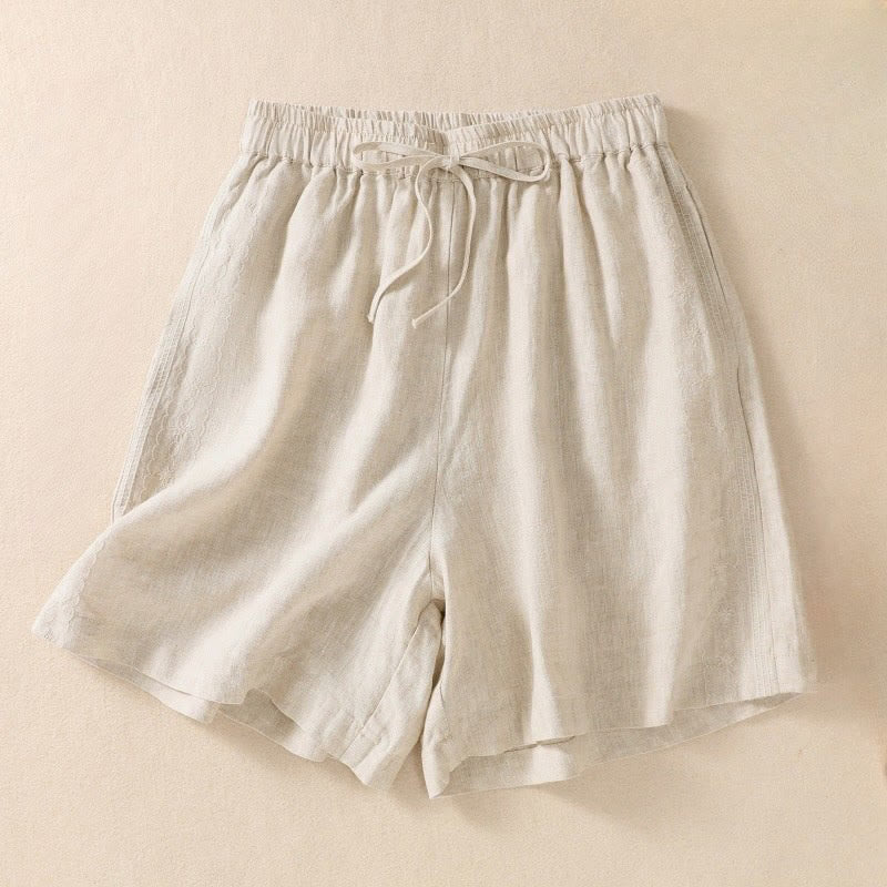 Buddha Stones Casual Floral Embroidery Pattern Drawstring Women's Shorts With Pockets - Beige - US8-10，UK/AU12-14，EU40-42 (2XL) - image 9