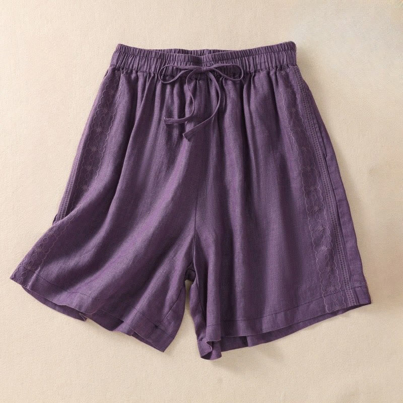 Buddha Stones Casual Floral Embroidery Pattern Drawstring Cotton Linen Women's Shorts With Pockets - DarkMagenta - US8-10，UK/AU12-14，EU40-42 (2XL) - image 0