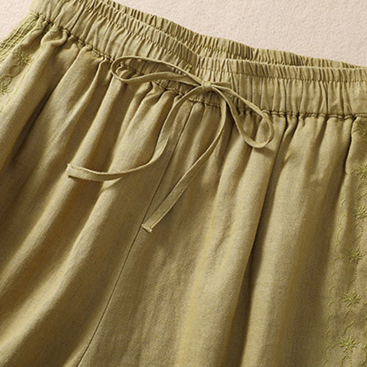 Buddha Stones Casual Floral Embroidery Pattern Drawstring Cotton Linen Women's Shorts With Pockets - image 16