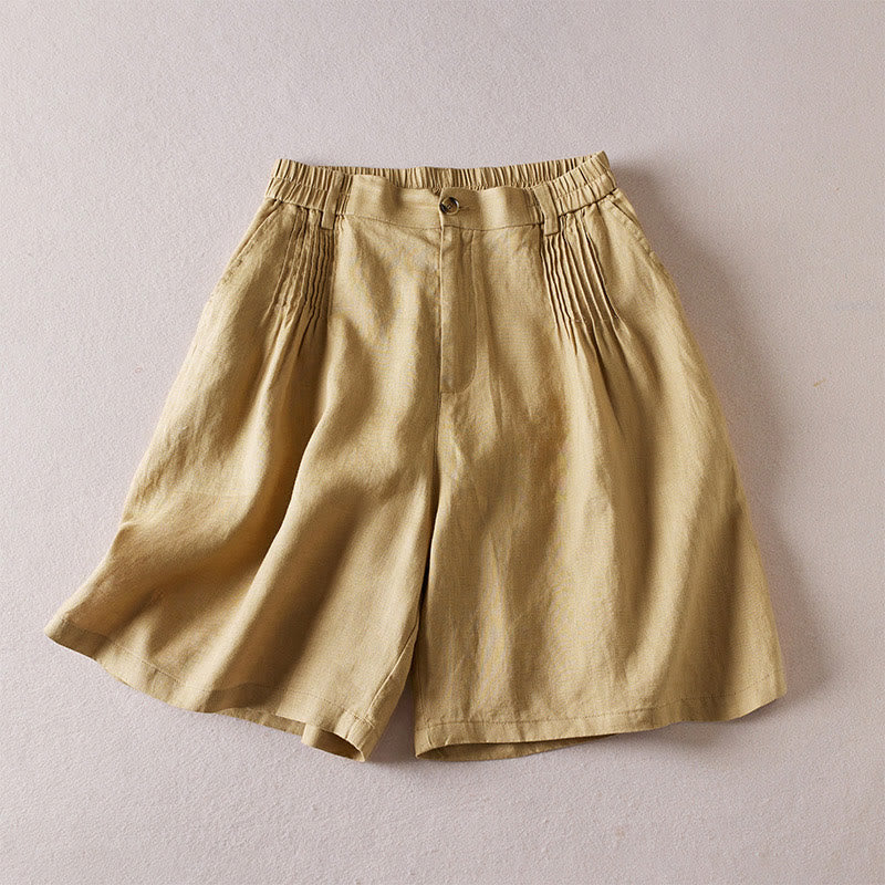 Buddha Stones Summer Daily Simple Wrinkle Design Cotton Linen Women's Shorts With Pockets - Khaki - US8-10，UK/AU12-14，EU40-42 (2XL) - image 28