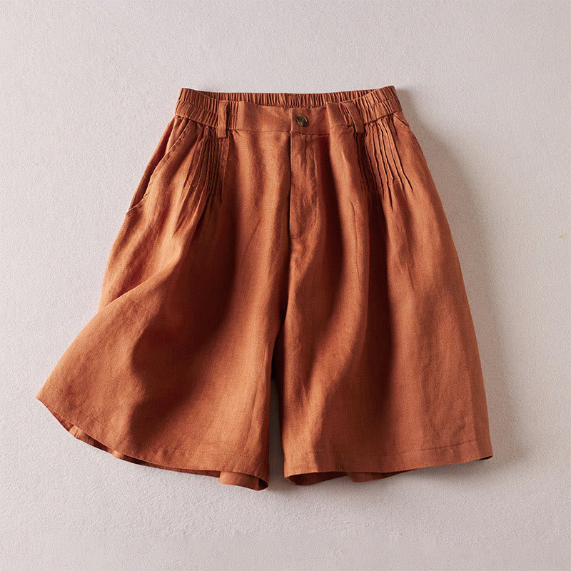 Buddha Stones Summer Daily Simple Wrinkle Design Cotton Linen Women's Shorts With Pockets - Chocolate - US8-10，UK/AU12-14，EU40-42 (2XL) - image 0