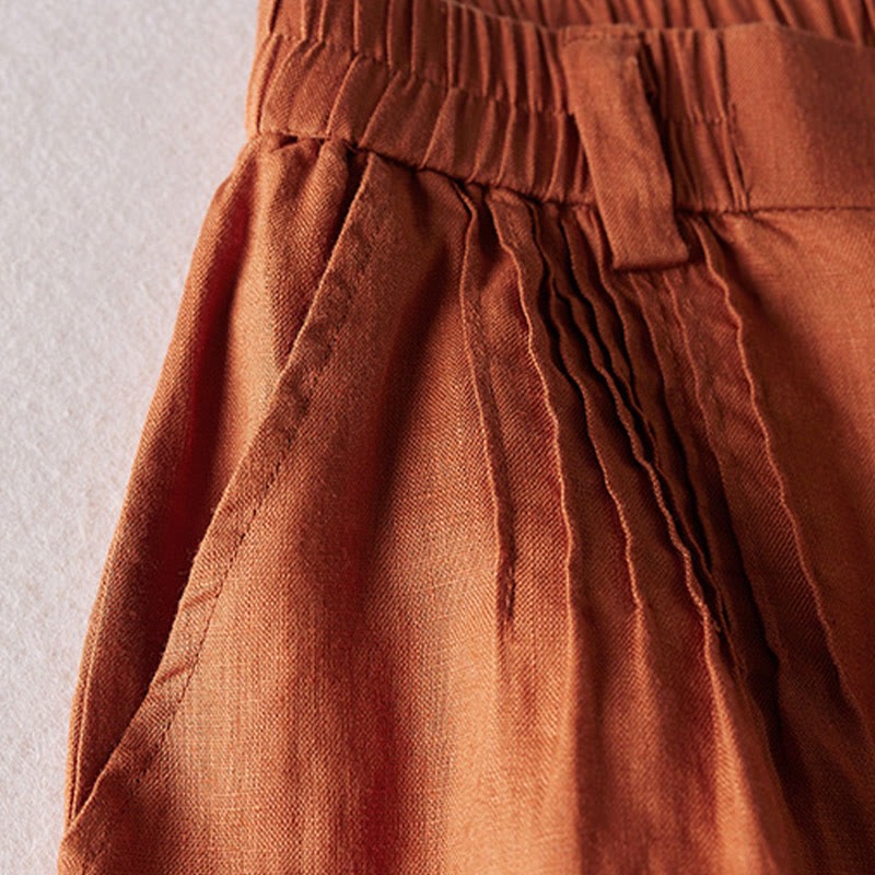 Buddha Stones Summer Daily Simple Wrinkle Design Cotton Linen Women's Shorts With Pockets - image 4